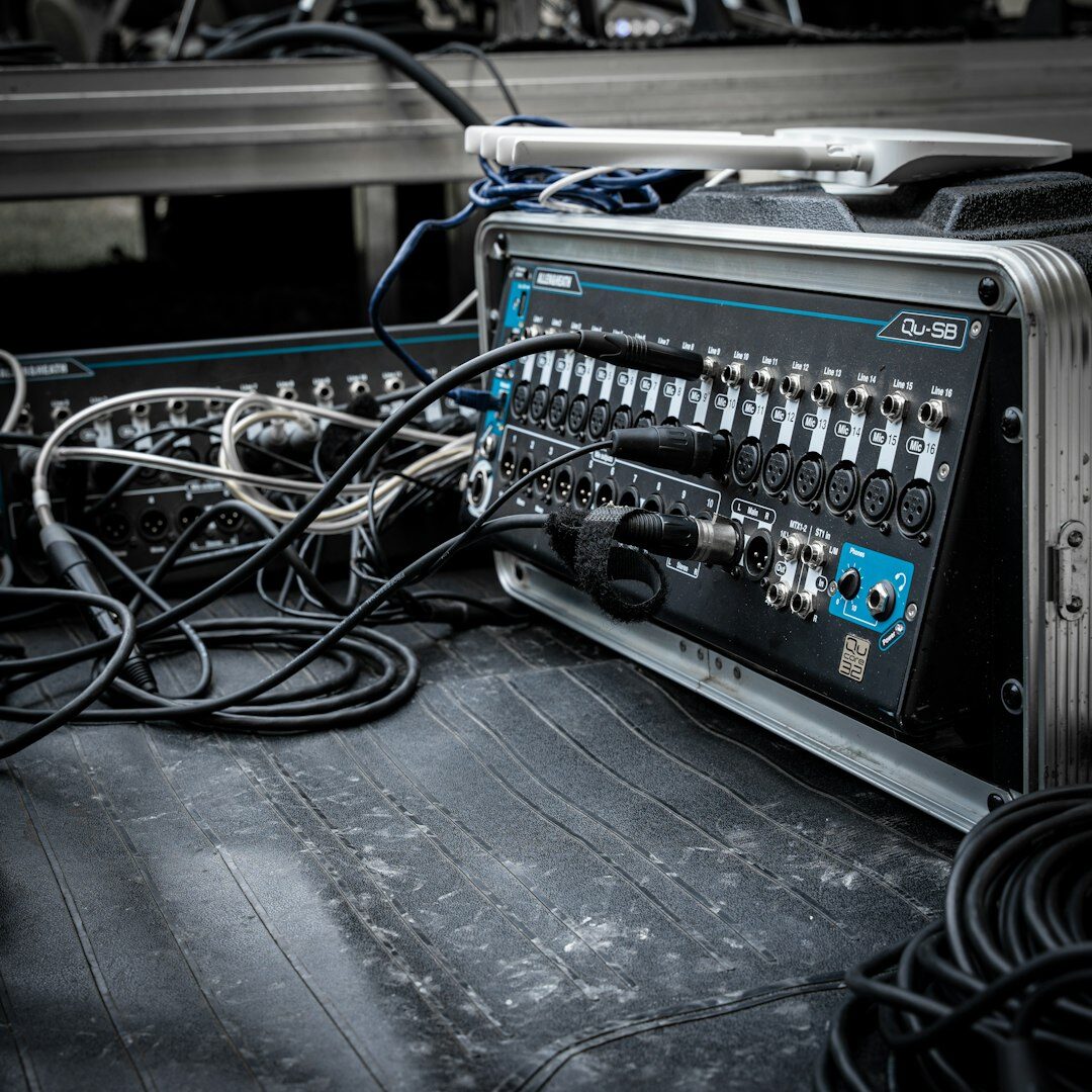 Broadcast equipment rack with video routers and monitors