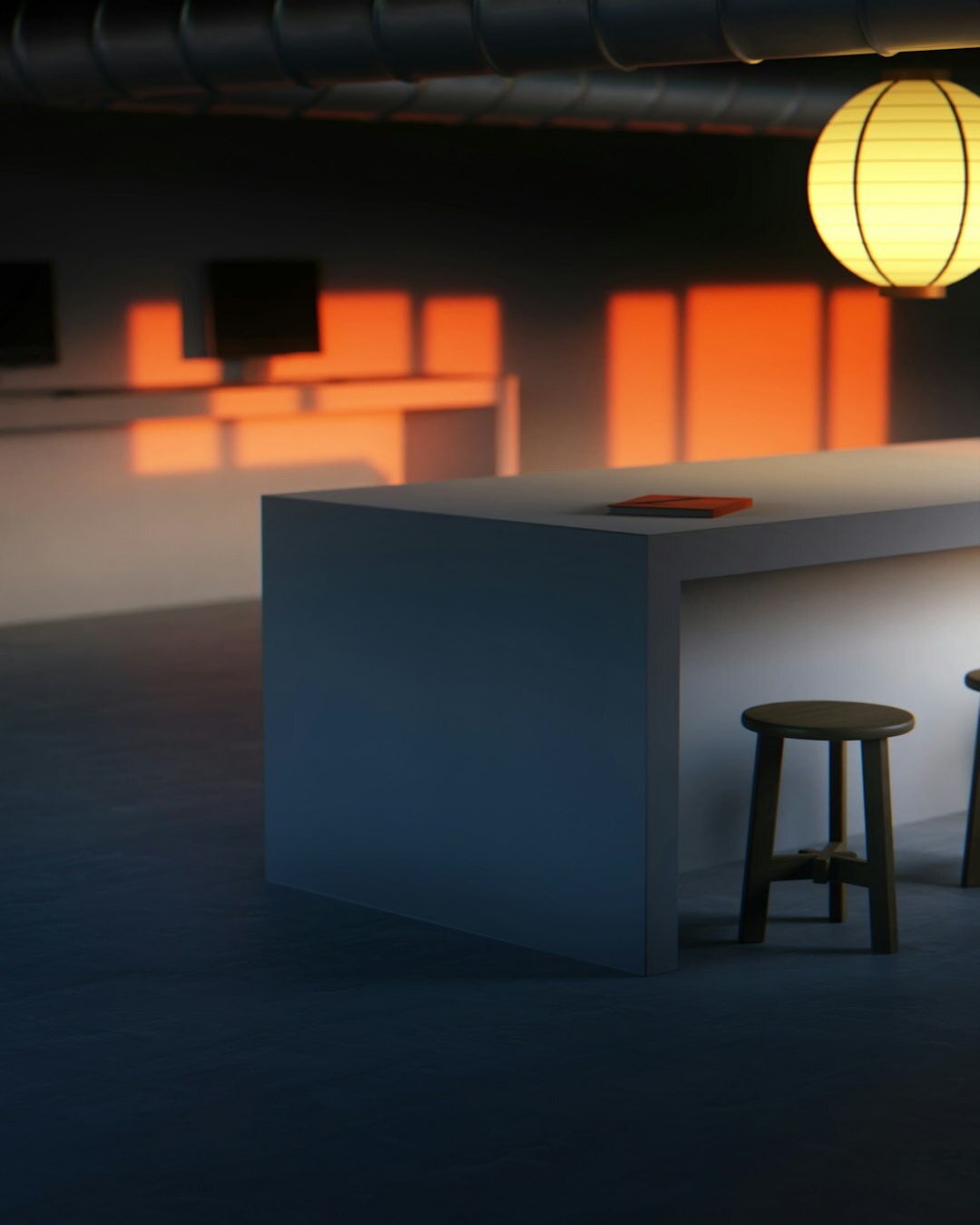 Modern television news anchor desk under studio lighting