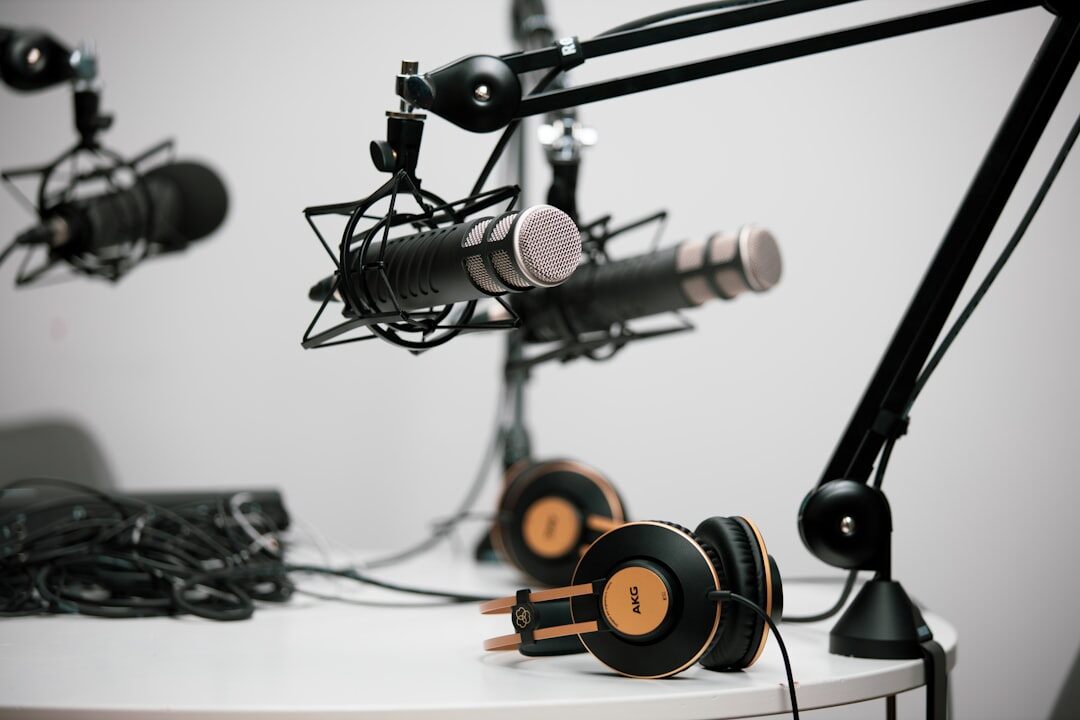 Multi-camera broadcast studio floor with boom microphones